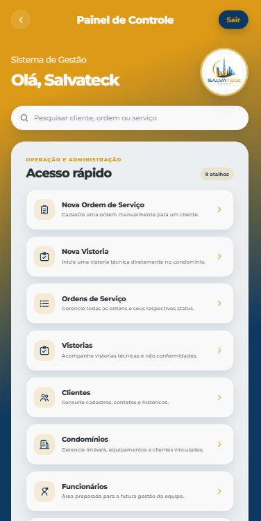 Painel principal do sistema de gestão Salvateck